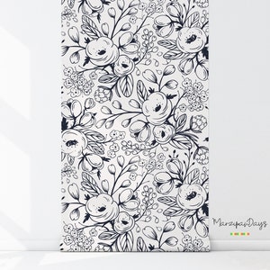 Black and white wallpaper Nursery_wall, mural, Floral wallpaper, Removable wallpaper, Children wall, art, spinrg, meadow, doddle 6 image 3