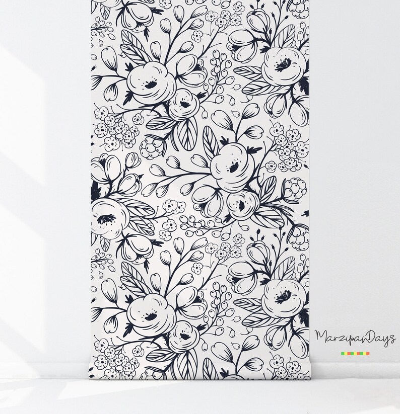 Black and white wallpaper Nursery_wall, mural, Floral wallpaper, Removable wallpaper, Children wall, art, spinrg, meadow, doddle 6 image 3