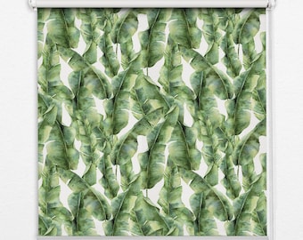 Persianas difusoras de luz e escurecimento de ambientes, plantas, verde, branco, folhas charmosas, persianas de rolo contemporâneas, persianas de rolo artesanais