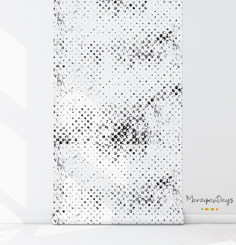 Grunge dots wallpaper Zwart-witte muurschildering, Polka dots behang, Verwisselbaar behang, Peel en stick wanddecor, Minimalistisch 38 afbeelding 3