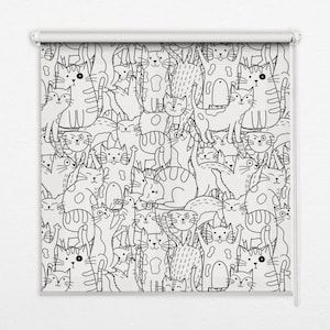 Może przedstawiać: Czarno-biała ilustracja powtarzającego się wzoru kotów w różnych pozach i z różnymi wyrażeniami twarzy. Koty są narysowane w kreskówkowym stylu i wszystkie patrzą w różnych kierunkach.