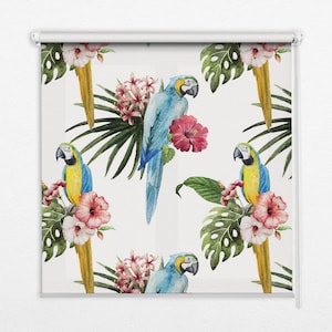 May include: A white background with a repeating pattern of blue and yellow parrots, pink and white hibiscus flowers, and green tropical leaves.