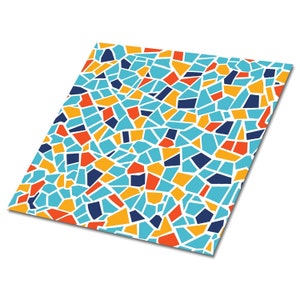 May include: A square tile with a mosaic design. The pattern comprises irregular shapes in blue, orange, and yellow on a white backdrop. The tile is angled, highlighting the pattern's intricate details and colour variations. The tile is likely for home decor.