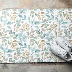 Watercolor Leaves Welcome Mat, Personalized Doormat, Green Entrance Mat, Fall Doormat, Floral Pattern