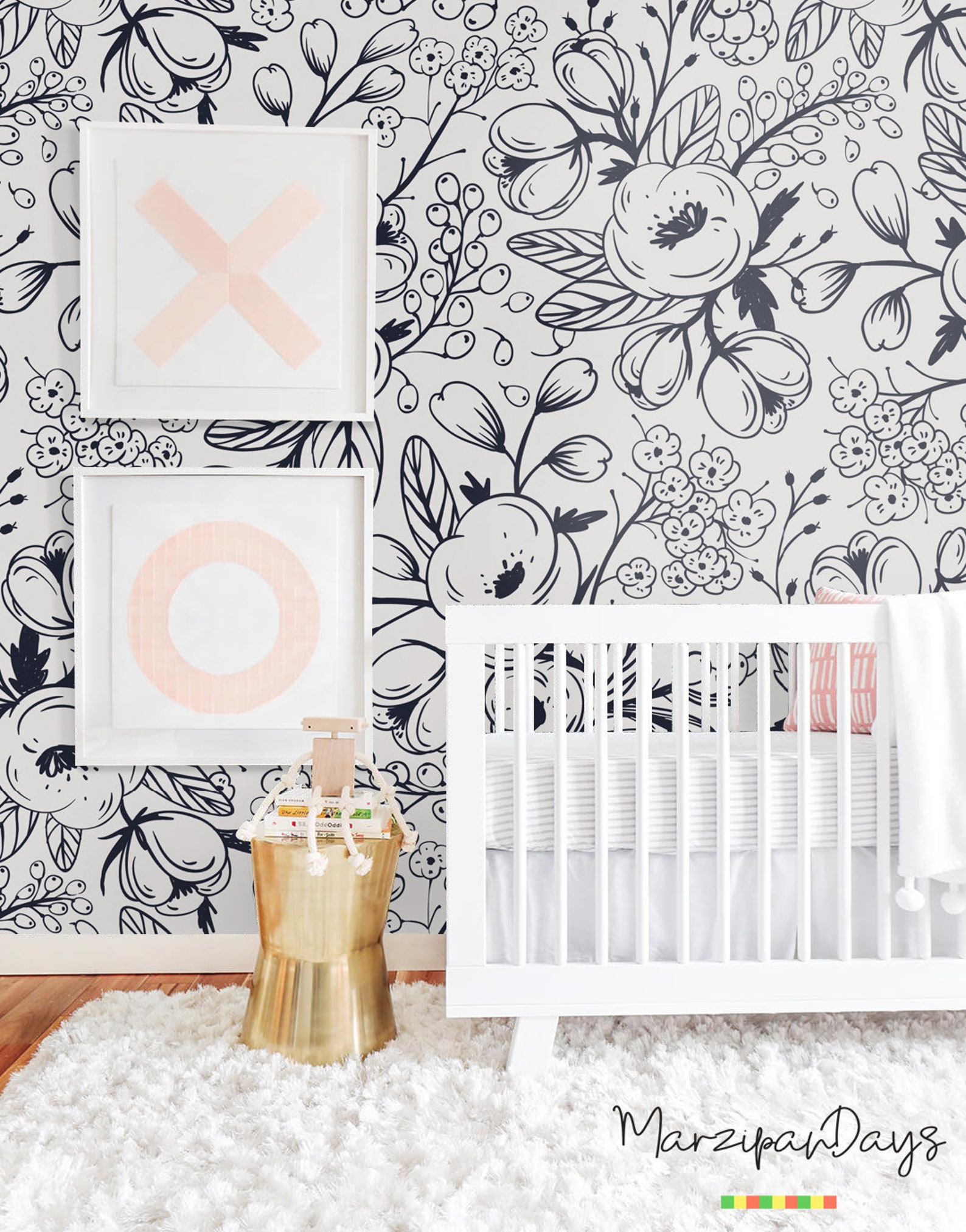 Black and White Wallpaper Nursery_wall Mural Floral | Etsy