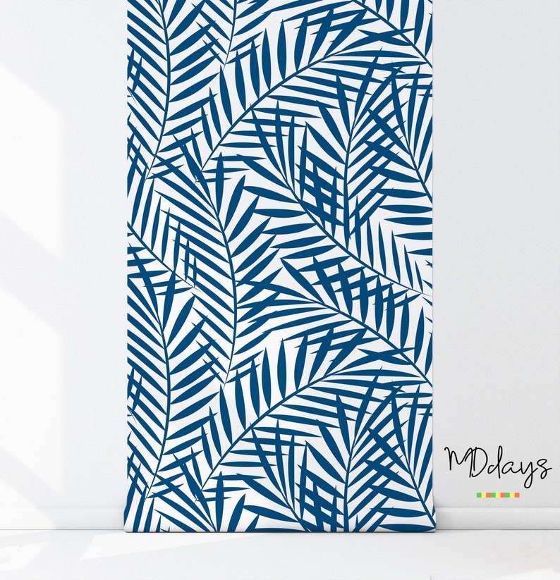 wall art contemporary wall decor Blue Tropical watercolor feather removable wallpaper geometric leaves self-adhesive wall mural #105