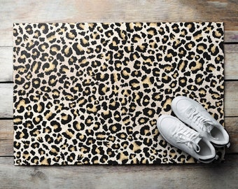 Leopard Willkommen Matte, personalisierte Fußmatte, Niedliche Fußmatte, Beige Eingangsmatte, Tiermuster