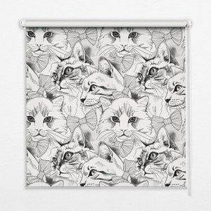 May include: A roller shade featuring a repeating pattern of detailed cat illustrations. Each cat is depicted in a black and white sketch, wearing a bow tie. The design creates a whimsical and artistic aesthetic.