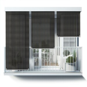 May include: Black retractable balcony shade with vertical stripes, installed on a white balcony railing. The shade is partially extended, revealing a white balcony with a table and chairs, a white sofa, and potted plants.