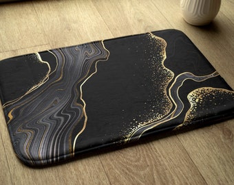 Non-slip Rug, Bath Runner, Black And Gold Marble, Black, Abstraction Pattern, Small Mat, Modern Bathroom Rug, Soft Carpet
