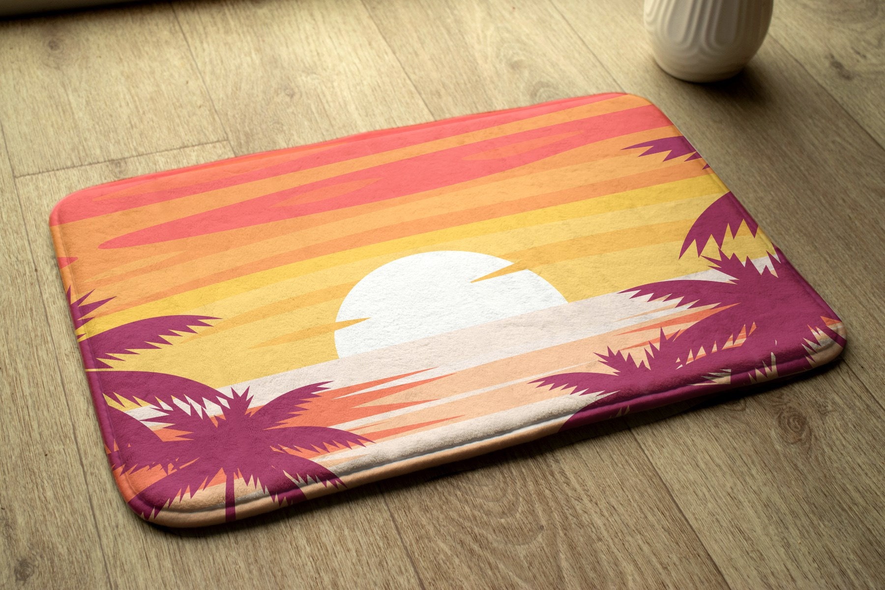 Tropical Beach, Yellow Summer Pattern, Soft Carpet, Bath Runner, Small Mat, Modern Bathroom Rug