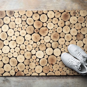 Wooden Logs Front Door Mat, Personalized Doormat, Natural Pattern, Entrance Mat Brown, Fall Doormat