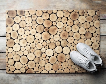 Holzscheite Haustürmatte, personalisierte Fußmatte, natürliches Muster, Eingangsmatte braun, Herbst-Fußmatte