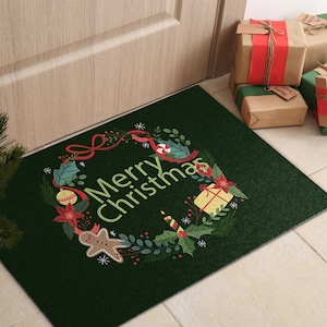 Christmas Front Door Mat, Personalized Doormat, Christmas Pattern, Entrance Mat Green, Christmas Doormat
