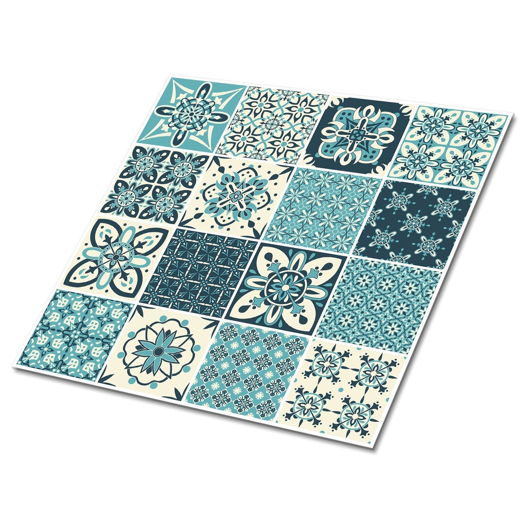 Portuguese Pattern Vinyl Floor Tiles, Blue Sticky Vinyl Tile, Beige