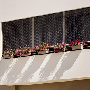 Navy Balcony Shades, Geometric Pattern Blinds, Geometric Backyard Roller Blinds, Custom Blinds