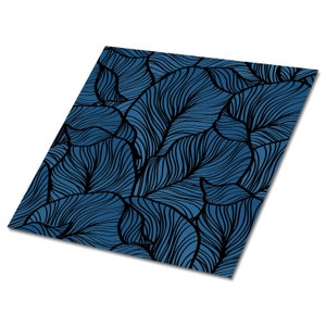 May include: A seamless pattern of blue leaves with black outlines. The leaves are stylised and have a flowing, organic shape.