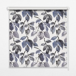 Light Diffusing And Room Darkening Blinds, Plants, Gray, Blue, Dark purple leaves, Printed Pattern, Stylish Window Decor