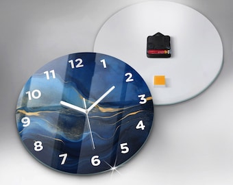 Blue Marble Glass Clock, Blue Modern Wall Clock, Unique Wall Clock, Tempered Glass Clock, Blue House Decor