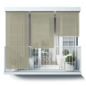 May include: Beige balcony shade panels with a white frame and a white railing. The shades are partially rolled up, revealing a view of a balcony with furniture and plants.