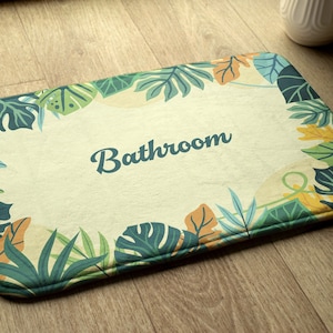 Non-slip Rug, Bath Runner, Jungle In The Bathroom, Yellow, Botanical Pattern with text, Compact Mat, Toilet Mat, Soft Mat