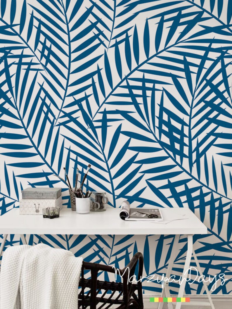 wall art contemporary wall decor Blue Tropical watercolor feather removable wallpaper geometric leaves self-adhesive wall mural #105
