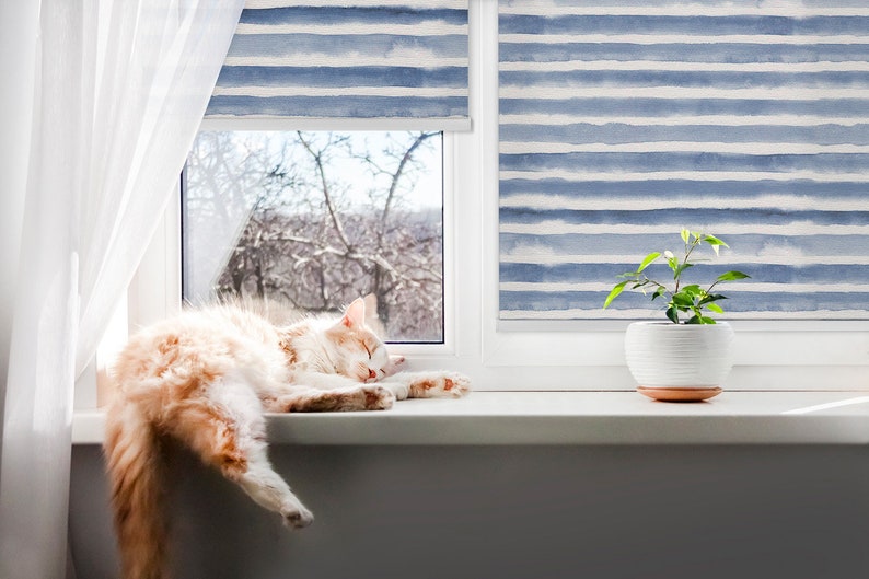 Blinds, Light Diffusing and Room Darkening, Painted Blue Stripes, Blue ...