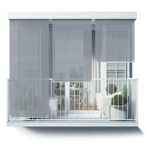 May include: White balcony with a white railing and gray retractable shades. The shades are partially pulled down, revealing a view of a city street and a balcony with furniture.