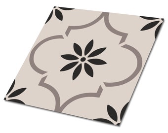 Ornament Flower Pattern Vinyl Tiles, Beige Vinyl Tiles Flooring, Black Vinyl Wall Panels, Oriental Vinyl Tiles For Bathroom