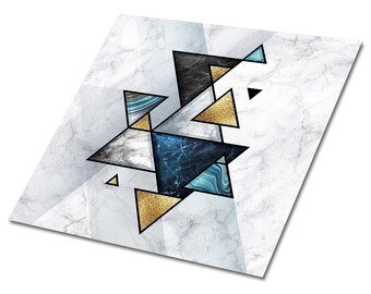 Abstract Marble Triangles Vinyl Tiles Flooring, Gray Sticky Vinyl Tiles, Blue Tiles For Bathroom, Geometric Vinyl Wall Panels