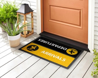 Arrivals Departures Outdoor Rug, Yellow Welcome Rug, Text Front Rug, Patterned Doormat , Custom Doormat, Funny Doormat