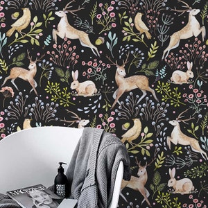Woodland Wallpaper, Dark Woodland Animals Wall Decor, Nursery Woodland Wall Mural, Animals, Dark Wallpaper, Baby Room Decor #91