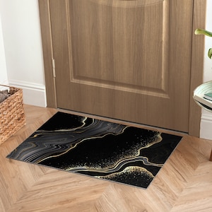 Golden Waves Marble Front Door Mat, Personalized Doormat, Fall Doormat, Entrance Mat Black, Abstraction Pattern