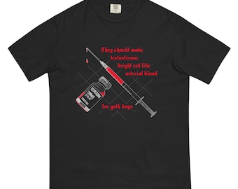May include: Black t-shirt featuring a graphic of a syringe and a vial labeled "Testosterone". The text reads "They should make testosterone bright red like arterial blood for goth boys."