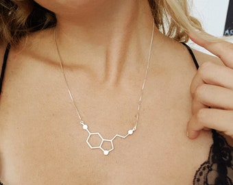 Silver Serotonin Molecule Necklace, Silver Serotonin Necklace gold, Chemistry Jewelry, Molecule Serotonin Silver, happiness necklace gift