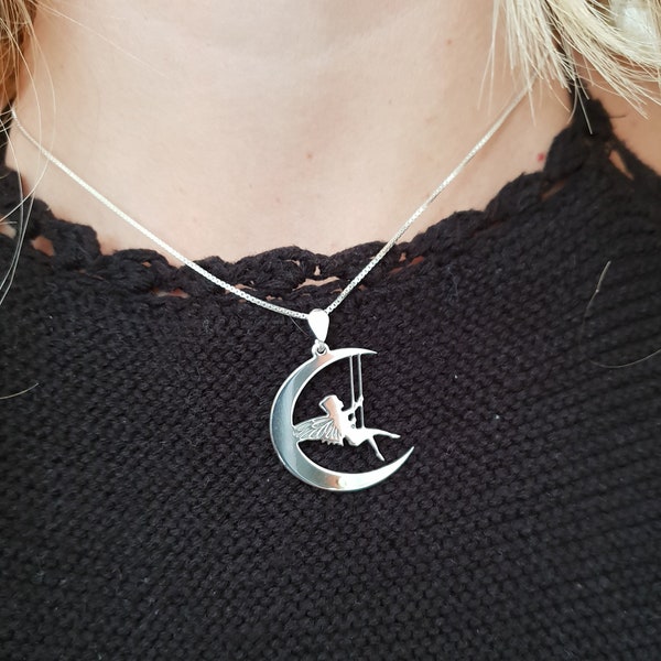 collier fée argent sterling, pendentif fée, collier fée argent, bijoux fées, fée lune fée sur la lune, cadeaux de Noël pour filles