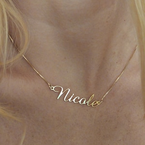 Real gold nameplate necklace, Cursive 14 k gold name necklace