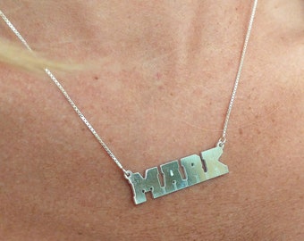 big sister necklace, large initial necklace, silver font necklace, Mark name necklace, name on necklace, silver nameplate necklace gift