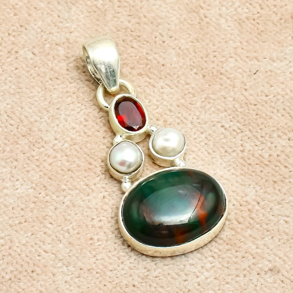 Bloodstone Gemstone & Pearl Red Garnet Pendent Solid 925 Sterling Silver Pendant Handmade Jewelry Anniversary Gift For Pleasant For Unisex