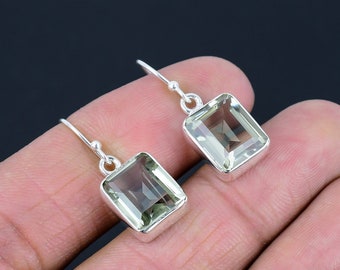 Natural Green Amethyst Gemstone Earrings, 925 Sterling Silver Jewelry, Handmade Dangle Drop Earrings Jewelry Gift For Valentine's Day