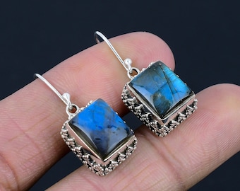 Boucles d'oreilles en labradorite naturelle avec pierres précieuses, boucles d'oreilles en argent sterling massif 925, cadeau de bijoux de boucles d'oreilles pendantes faites main pour la Saint-Valentin