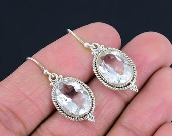 Pendientes de piedras preciosas de topacio blanco natural facetado, pendientes de plata de ley sólida 925, pendientes colgantes ovalados regalo para Pascua, regalo para ella