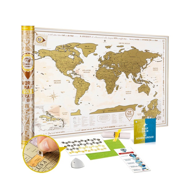 Scratch off World Map GOLD - Premium Quality 34.7x24.4'' Travel Map w/ Detailed Cartography - Large Scratch off Map w/ US States