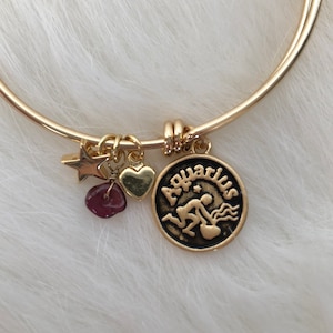 Op de afbeelding: Gouden armband met een bedel met de tekst "Aquarius" en een afbeelding van een sterrenbeeld. De bedel is aan de armband bevestigd met een klein gouden hartje en een sterretje. Er is ook een kleine rode edelsteenbedel.