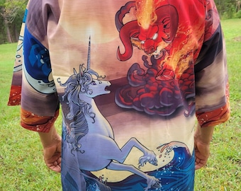May include: A colorful kimono with a white unicorn and a red bull in flames. The unicorn is standing in blue water with waves. The bull is in the air with flames around it. The background is a sunset with a large orange moon.