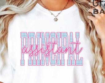 Assistant Principal PNG School Principal Sublimation Design Pink and Blue Gingham Teacher Shirt Design PNG Back to School Clipart