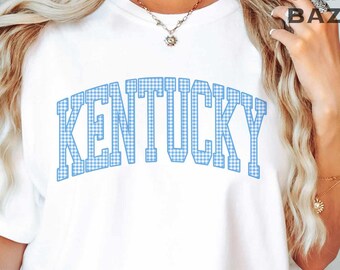 Kentucky PNG Blue Gingham Kentucky Sublimation Design Varsity Style Kentucky Shirt Design Blue Checkered Print Aesthetic Kentucky State PNG