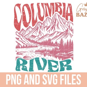 Columbia River PNG Vintage River SVG Sublimatie Design Retro Bergen Bomen en Rivier Shirt Design Kajakken PNG Vintage Columbia Cut File