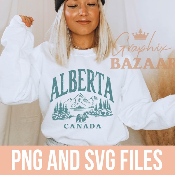 Alberta PNG Teal Vintage Alberta Canada Sublimation Nature Lover Clipart Canadian Mountains Trees PNG Wanderlust Wilderness SVG Cricut File