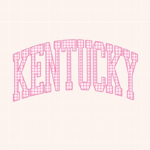 May include: The word "KENTUCKY" in a pink gingham pattern, arched across the image. The letters are outlined in a darker pink, with a light pink and white checkered design filling each letter. The background is a light beige with a subtle grid pattern.